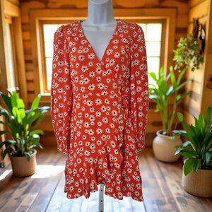 GB Women's White Daisy Floral Long Sleeve Faux Wrap Mini Dress – Size Small